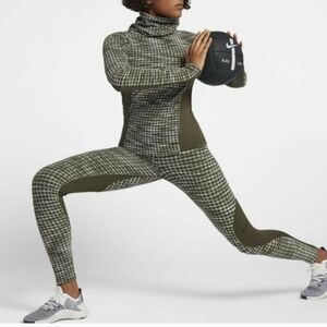 Nike womens Pro Hyper Warm Mock Neck Training Shirt & Tights Set S Olive Green